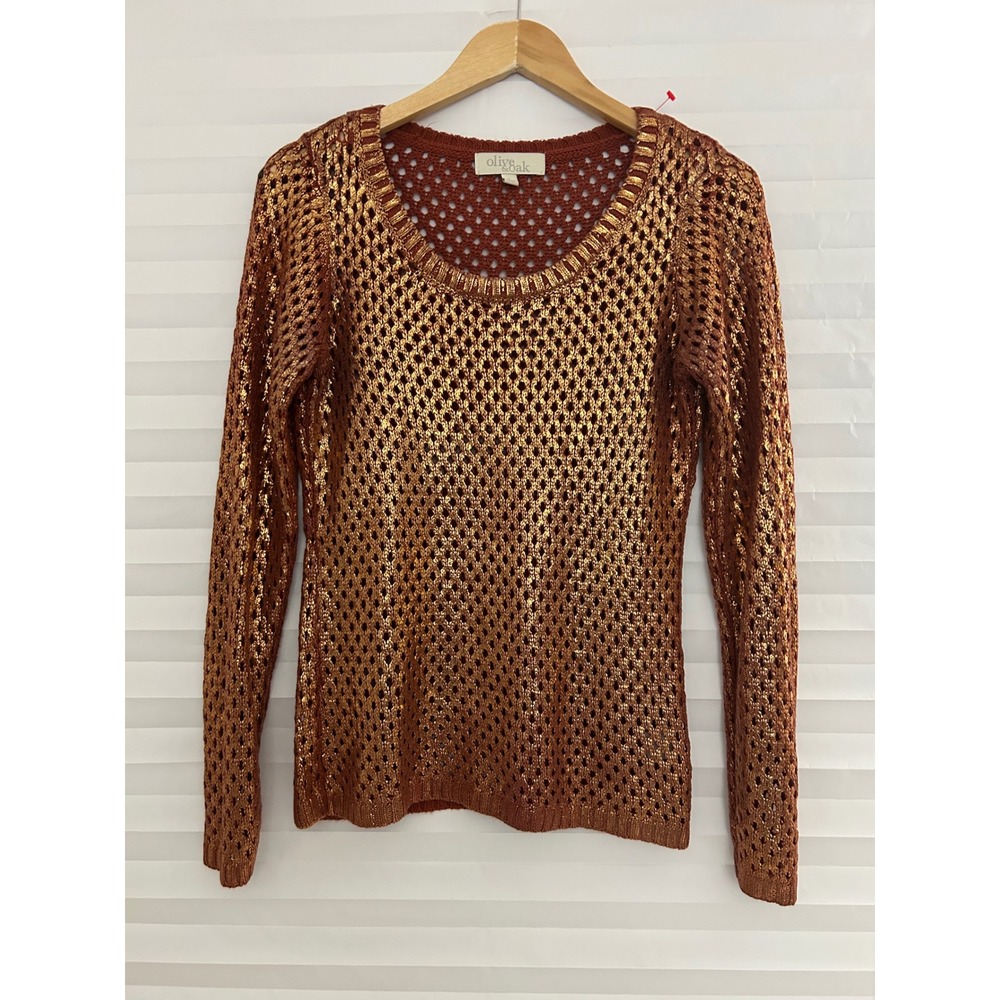 Olive & Oak Womens Copper Metallic Open Knit 90's Boho Sweater Copper Bronze L